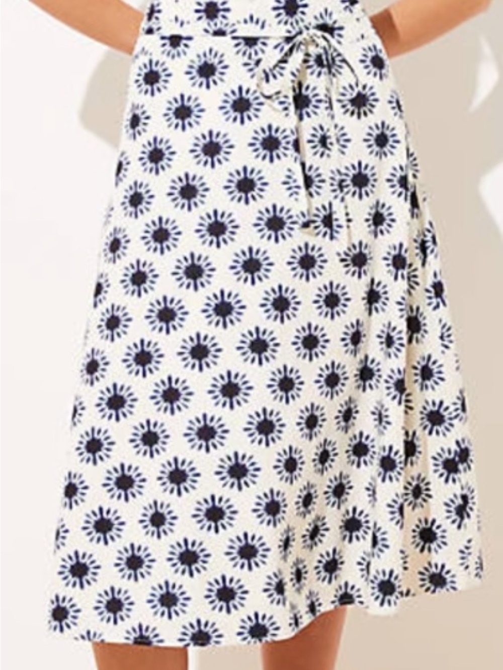 LOFT White Midi Wrap Skirt with Navy Sunburst Print